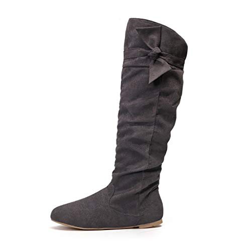 ❤Kauneus❤ Women's Faux Suede Bowknot Lovely High Boots Zipper Flat Comfy Winter Boot Slouched Under Knee High Flat Boots Dark Gray
