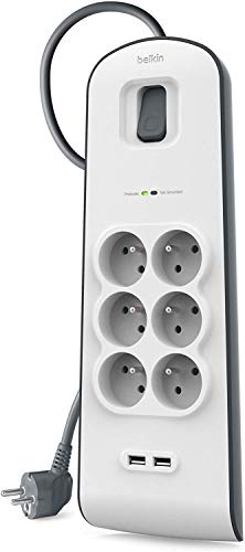 Belkin - Bsv604Ca2M - Multiprise/Parafoudre 6 Prises Avec 2 Ports Usb Intégrés - Cordon De 2M - Blanc (Protection Jusqu'À 650 Joules)