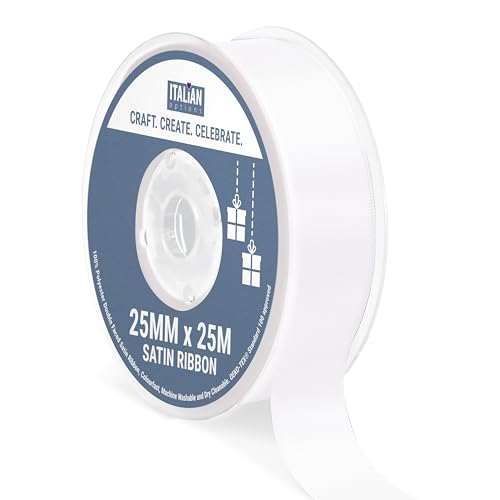 Italian Options Satin Ribbon, Fabric Ribbons for Gift Wrapping, Crafting, Balloons, Wedding Car, Presents, Cake, Christmas, Birthday, Gift Wrap Accessories, 25mm Wide x 25 Metre Roll, White