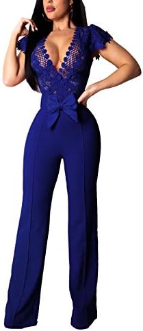 Womens Sexy Lace 1 Piece Outfits Deep V Neck Hollow Out Wide Leg Long Pants Jumpsuit Rompers