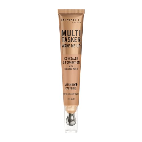 Rimmel Multi-Tasker Wake Me Up Foundation & Concealer 050 Sand, Depuffs & Brightens Dark Circles, Metallic Cooling Applicator, Caffeine & Victamin C, 2% Niacinamide, Vegan, Cruelty free