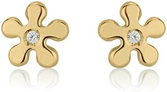 14K Solid Yellow Gold Flower Round cubic zirconia Screwback Stud Earrings Girl Teens Jewelry Gift