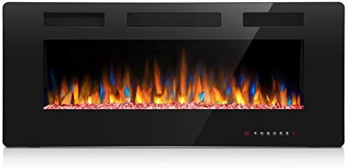 Joy Pebble Electric Fireplace - 42 Inch Wide - in Wall Recessed or Surface Mounted – 12 Realistic Flame Setting – 1500/750 Watt Heater with Touch Screen and Remote Control – Black