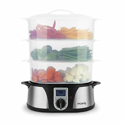 H.Koenig Cuiseur Vapeur Electrique Vap12 Multifonction 12L Programmable Compact Professionnel, 3 Paniers Empilables Amovibles Pour Œufs Légumes, Bol Cuiseur À Riz, Minuteur 60Min, Bac À Jus Amovible
