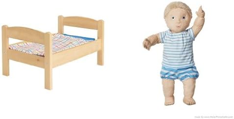 DUKTIG Doll bed with bedlinen set, pine, multicolor and LEKKAMRAT Doll, blue