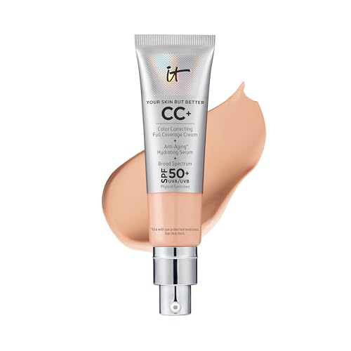 IT Cosmetics CC+ Cream - Natural Full Coverage Foundation With SPF 50+, Color Corrector & Anti-Aging Hydrating Serum, Hyaluronic Acid + Peptides, Lightweight Up To 24H Wear, All Skin Types- 1.08 fl oz
