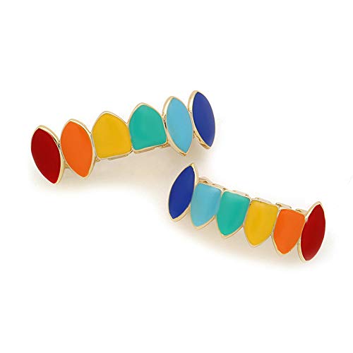 Axiba Rainbow Teethfor Mouth Top Bottom Hip Hop Teeth Grills for Teeth Mouth + 2 Extra Molding Bars, Storage Case (Gold)
