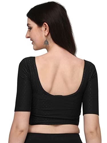 Shiv Textiles Round Neck Dobby Cotton Lycra Stretchable Elbow Sleeve Readymade Saree Blouse for Women Stylish (BlackPluse Size) 3