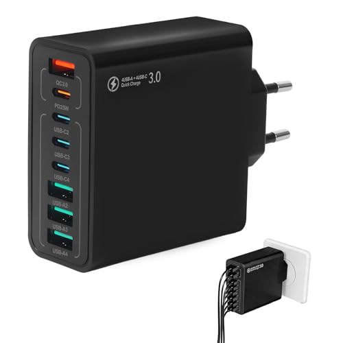 Cargador USB C Carga Rápida 120W, 8 Puertos Multipuerto con Enchufe, 3USB-C + 3USB-A, Cargador Rápido Inteligente QC 3.0, Compatible con iPhone, Samsung, Xiaomi, Otros Dispositivos USB