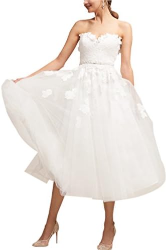 Wanhua Women's Vintage 80S Little Strapless Tulle Tea Length Short Wedding Dress Bridal Gown White 6