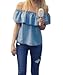 ICOOLTECH Women's Off Shoulder Boho Shirt Loose Blouses Casual Crop Tops (XL(US 8-10), Denim Blue)