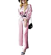 PRETTYGARDEN Women’s Solid V Neck Satin 2 Piece Outfits Long Sleeve With Side Slit Long Pants Lou...