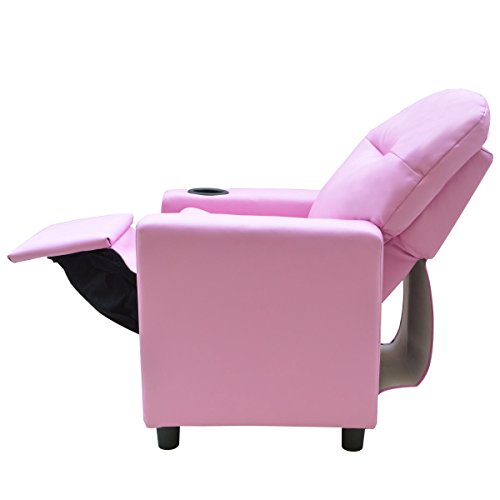 Costzon Contemporary Kids Recliner, PU Leather Lounge Furniture for Boys & Girls W/Cup Holder, Children Sofa Chair (Pink)