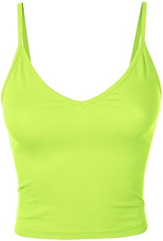 Luna Flower GTEW116 Women's Spaghetti Straps Basic V-Neckline Tank Crop Top NEON_Yellow Large
