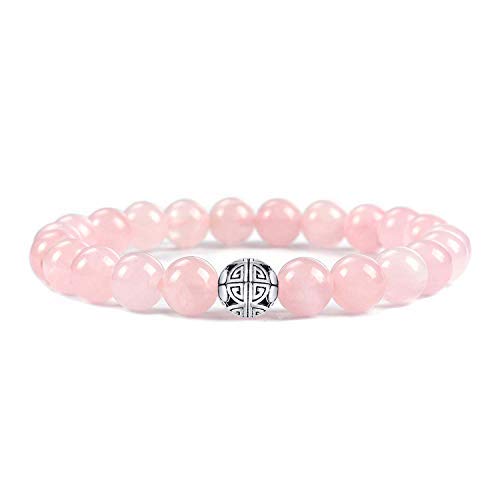 MetJakt Natural 8mm Gemstones Healing Crystal Stretch Beaded Bracelet Bangle with 925 Sterling Silver Double Happiness Pendant (Rose Quartz) — image 1