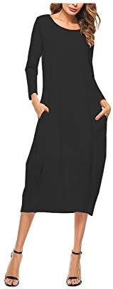 Oudan Autumn Winter Long Sleeves Dress Pure Color Women's Loose-fit Dress Pocket (Color : Black, Size : L)