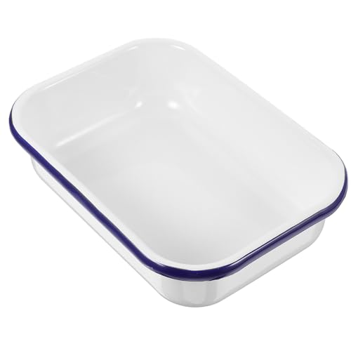 Kichvoe Enamel Baking Pan: Enamelware Roasting Pan Oblong Cake Dish Enameled Steel Baking Dish Lasagna Tray Rectangular Serving Tray Food Container White, 8.66 * 6.29 * 2.16inch