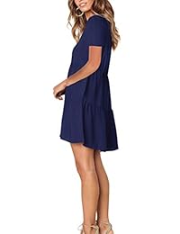 FAVALIVE Vestido de manga corta suelto casual para mujer, cuello en V, color liso