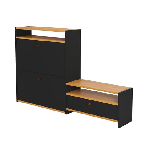 Sapateira Diamante 3 Portas Basculante Puxador Resistente Polipropileno 18 Pares Calçados 2 Nichos Organizador Decoração Moderna Quarto Sala Hall Entrada Closet (Preto/Nature)