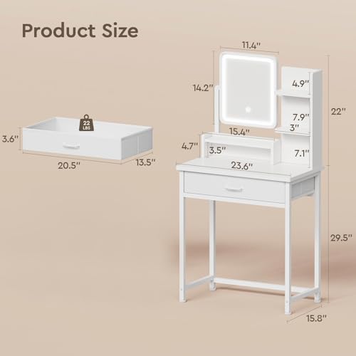 Makeup Vanity Desk with Mirror and Lights, Small Vanity with Fabric Storage Drawer & Side Table & Shelves, White Compact Makeup Vanity for Bedroom