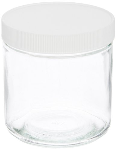 JG Finneran 9-183 Clear Borosilicate Glass Standard Short Straight Sided Wide Mouth Jar with White Polypropylene Closure and 0.015" PTFE Lined, 89-400mm Cap Size, 500mL Capacity (Pack of 12)