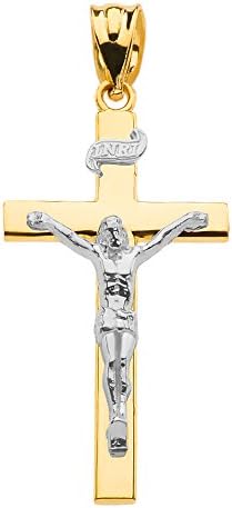 Fine 10k Two-Tone Gold Linear Cross INRI Crucifix Charm Pendant