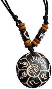 Tibetan Adjustable Handmade Necklace Amulet Embossed with Tibetan Mantras and Symbol Wood Color