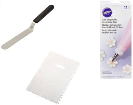 Cake Decorating Icing Pastry Comb Smoother Frosting Fondant Scraping Knife Spatula Spreader + Offset Pallet Knife Angled Spatula + Disposable Frosting Piping Pastry Cake Decorating Bags &amp; Icing Tips,