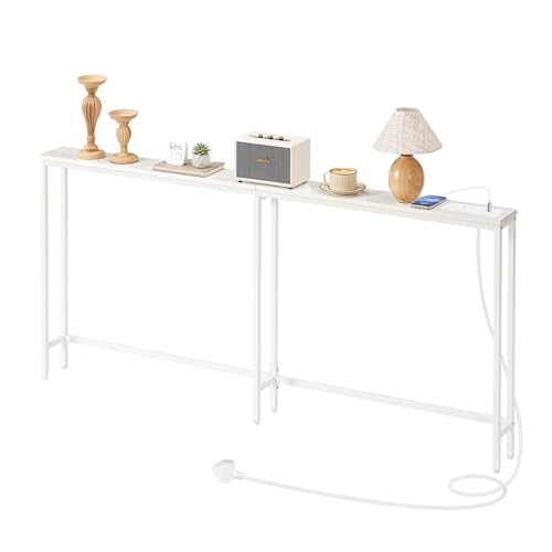 HOOBRO Narrow Console Table with Charging Station, 160 cm Behind Sofa Couch Table, Long Hallway Table, Slim Console Table for Hallway, Entryway, Living Room, White EWW165KXG01
