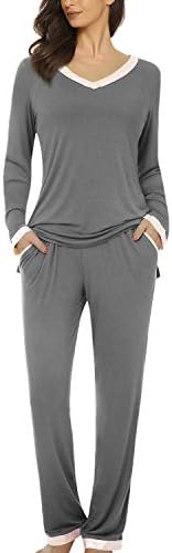 Women's V-Neck Sleepwear Long Sleeve 2 Piece Lounge Pajama Set with Pocket