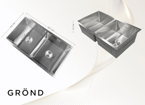 GRÖND Tarja Fregadero para Cocina Doble Tarja de Acero Inoxidable 304, 80x45 cm Con Escurridor Movible y Kit de Drenaje, para Empotrar o Submontar (PLATEADO)