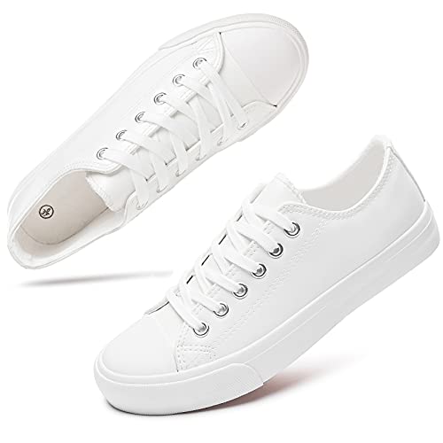 hash bubbie Womens White PU Leather Sneakers Low Top Tennis Shoes Casual Walking Shoes（White.US9）