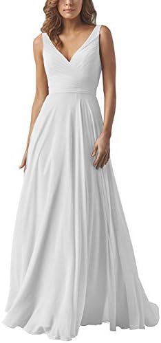 Double V-Neck Ruched Bodice A-line Bridesmaid Dress Floor Length Formal Evening Prom Gowns