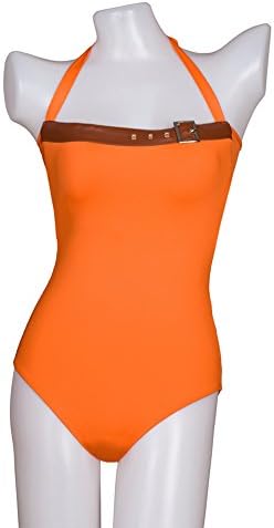 JOG Swimwear Halter Swimsuit with Leather Belt, Back Cut-Out, Orange, Size 36
