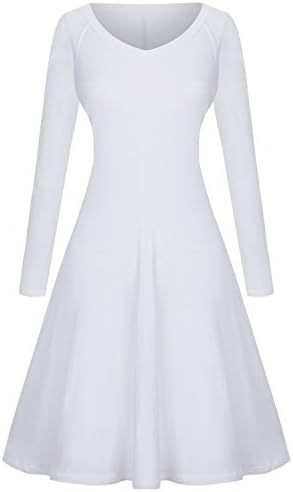 Aoelaphe Women's Long Sleeve Plain Midi Flared A Line Casual Swing Dress,White,X-Large