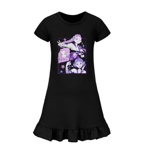 Kpop Girls Nightdress Cute Anime Print Night Dress Short Sleeve Round Neck Nighties Nightdress K pop Cartoon Printed Nightgown Frilly K-pop Merch Clothes Party Nighty Nightwear Dresses