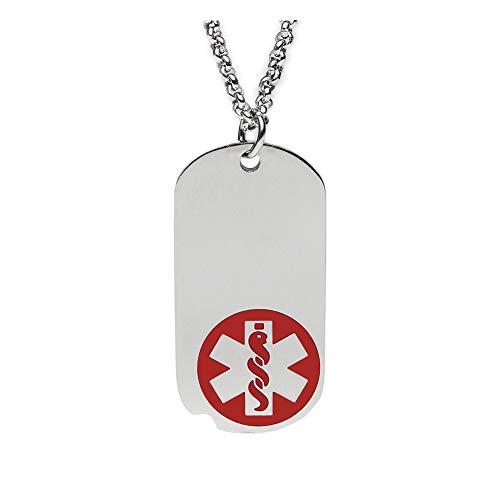 Stainless Steel Medical Alert ID Dog Tag Necklace for Men and Women 24 inch Free Engraving