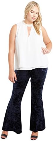 Poshsquare Women's Velvet Bell Bottom High Waist Flared Stretch Palazzo Pants Plus Size USA Crushed Navy 1XL