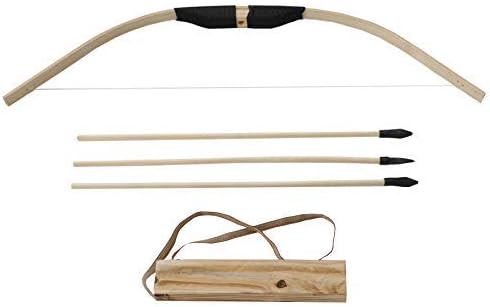 EWEE Handmade Wooden Bamboo Bow Arrow Set with 3 Wood Arrows & 1 Quivers Outdoor Play