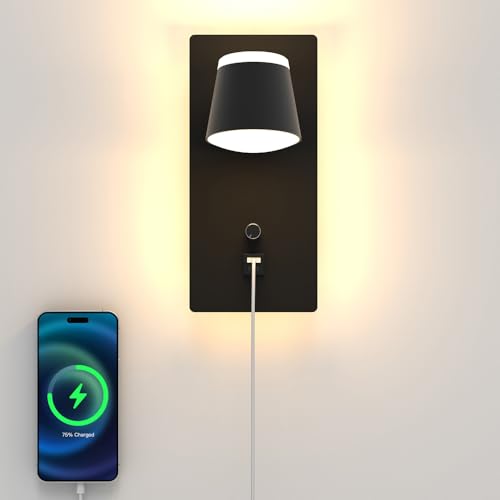 Sytmhoe 2 Pieces Wall Sconces with USB Charging Type C Bedroom, 16 W 3000 K Dimmable Rotatable Lamps for Wall Light Switch, Black Aluminium Led Lights Lamp Reading Lamp Bedside Wall
