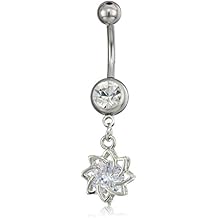 Women's Surgical Silver Stainless Steel Cubic Zirconia Belly Body Piercing Jewelry Ring With Star Flower Charm, One Size