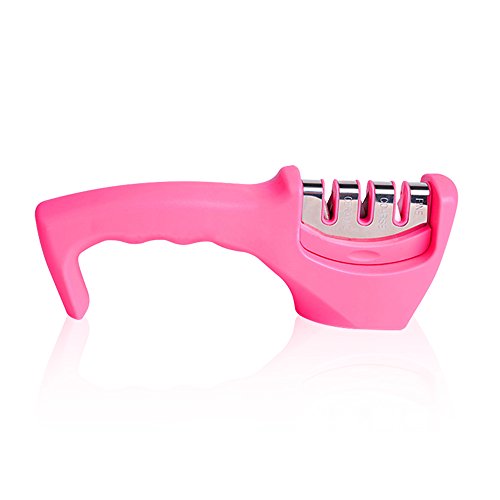 LetGoShop Kitchen Knife Sharpener for Straight and Serrated Knives, 3 Stage Diamond Coated Sharpening Wheel System, Pink…