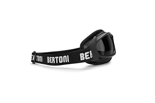 Motorcycle Goggles for Helmet - Antifog Lens - Adjustable Strap - Mat Black - by Bertoni Italy AF113A Smoke Lens - Wraparound Windproof Motorbike Goggles