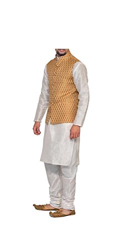 inyour men's silk copper gold waiscoat,white kurta pajama set_inyour-tr3171wcp