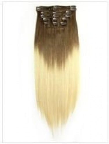 Dip Dye Clip In Straight Human Hair Extensions Dark Brown Light