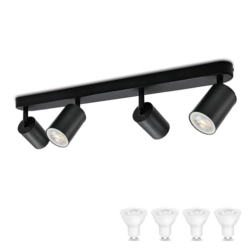 KYOTECH Black Ceiling Light with 4 Bulbs 5W LED Ceiling Light Swivel and Swivel Included GU10 Bulb 3000K 420LM Ceiling Spotlights for Kitchen, Bedroom, Living Room