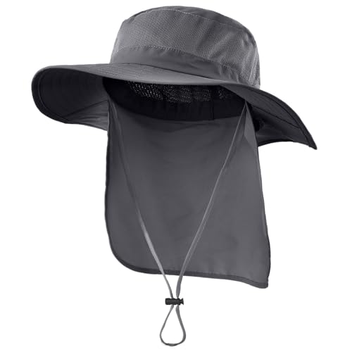Decentron Outdoor UPF50+ Mesh Sun Hat Wide Brim Fishing Hat with Neck Flap Hiking Bucket Hats for Men Women (Dark Grey)
