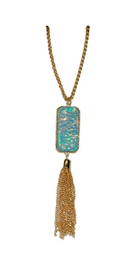 Long Necklace with Aqua Shimmer Rectangle Stone Pendant and Tassel with Matching Tassel Earrings