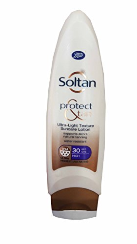 2 packs of Boots Soltan Protect & Tan Ultra-Light Texture Suncare Lotion SPF 30 High. supports skin's natural tanning, water resistant, Ultra highest UVA Rating. (200 ml/ pack)