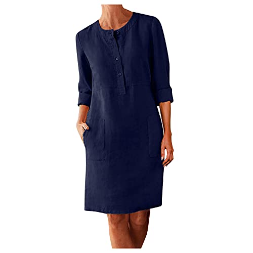 JPLZi Women's Cotton Linen Dresses Buttons Long Sleeve V-Neck/O